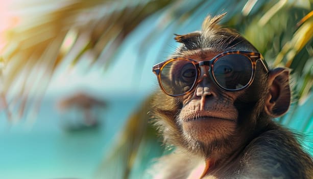 A monkey wearing sunglasses and glasses is standing in front of a beach by AI generated image.
