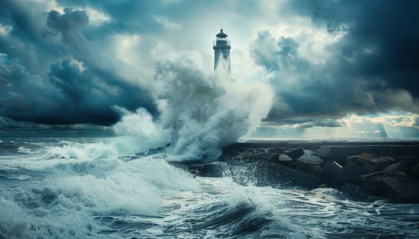 A lighthouse is shown in the foreground of a stormy ocean by AI generated image.