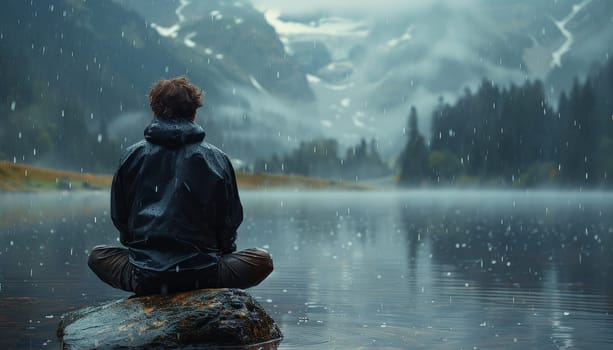 A man sits on a rock by a lake, looking out at the water by AI generated image.