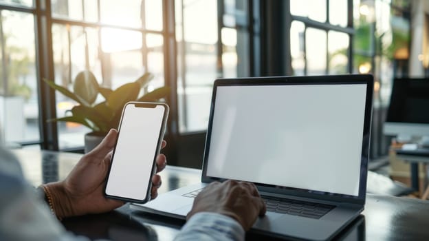 Mockup empty, a person is working on a laptop with a white screen, another person is holding a phone with a white screen, modern office in the background.