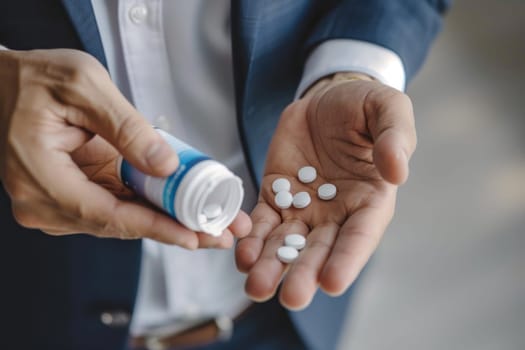 A man is holding a bottle of pills and a handful of pills in his hand.