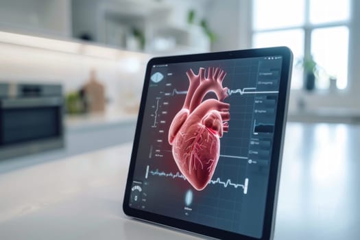 A bright, minimalistic setting featuring a large tablet displaying a vibrant red holographic 3D heart.