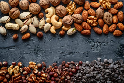 A variety of nuts, chocolate chips, and singleorigin coffee beans displayed on a table. Ingredients for natural foods and cuisine, including fruits and seeds from the legume family