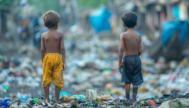 Two children carrying a trash bag walk down a street by AI generated image.