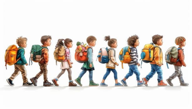 A group of children are walking down a path with backpacks by AI generated image.