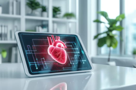 A bright, minimalistic setting featuring a large tablet displaying a vibrant red holographic 3D heart.