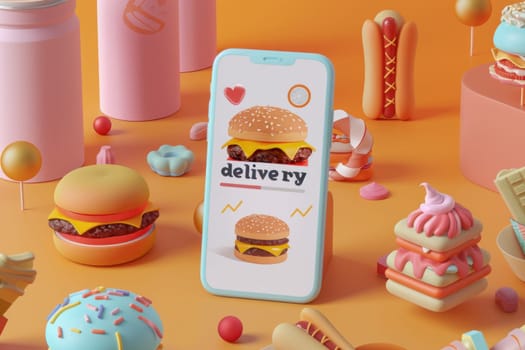 A food delivery app is shown on a phone with a variety of food items such as ham.