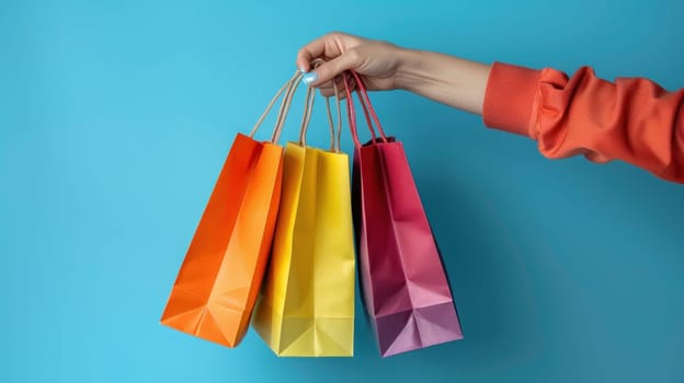 Close up of a woman's hand holding colorful shopping bags isolated on a blue background.