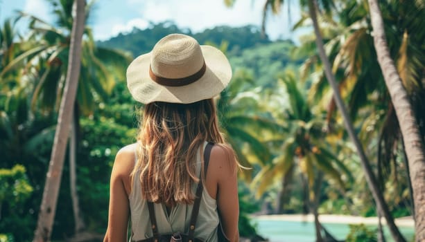 A woman wearing a straw hat is standing in front of a palm tree by AI generated image.