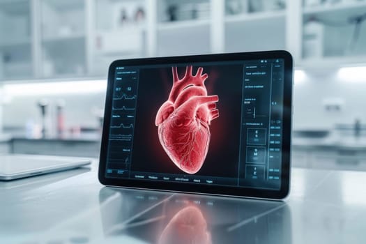 A bright, minimalistic setting featuring a large tablet displaying a vibrant red holographic 3D heart.