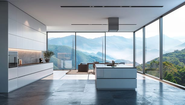 A large, open kitchen with a view of mountains by AI generated image.