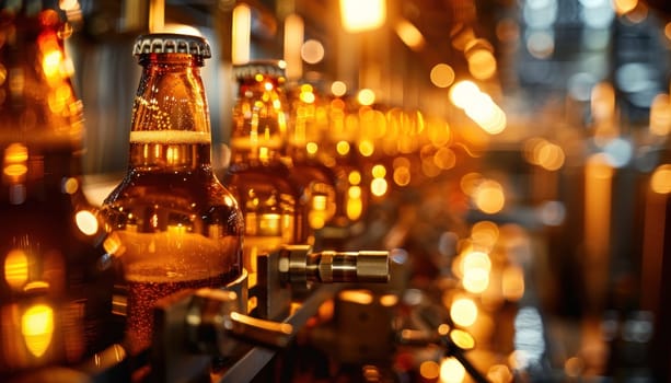 A brewery line with close-up of beer bottling.
