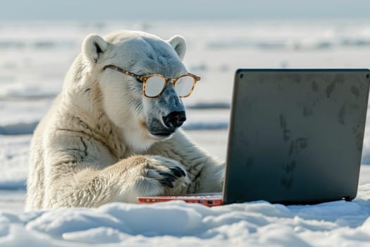 A polar bear is sitting on a desk and using a laptop.