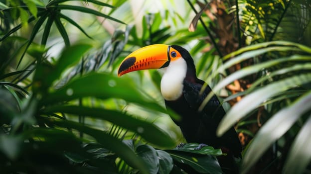 A close-up image of a colorful toucan perched among tropical foliage, its vibrant plumage and distinctive beak adding a burst of energy to the lush greenery of its natural habitat..