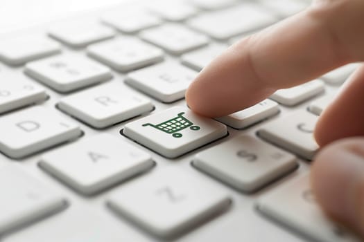 A person is pointing to a shopping cart key on a keyboard. Concept of shopping and the convenience of online shopping