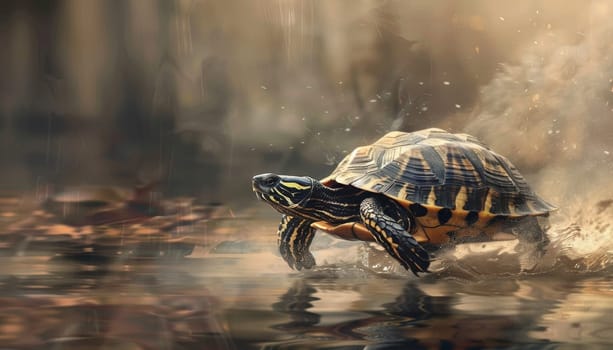 A turtle is running through the water by AI generated image.