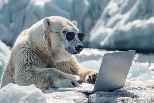 A polar bear is sitting on a desk and using a laptop.