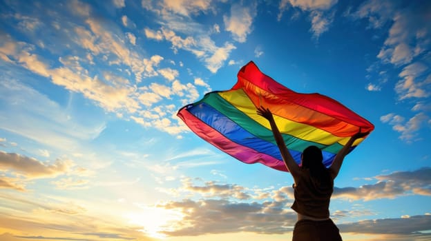 A strong and determined woman holding a pride flag.