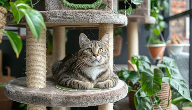 A cat is laying on a cat tree with a plant on it by AI generated image.