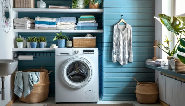 A white laundry room with a washer and dryer by AI generated image.