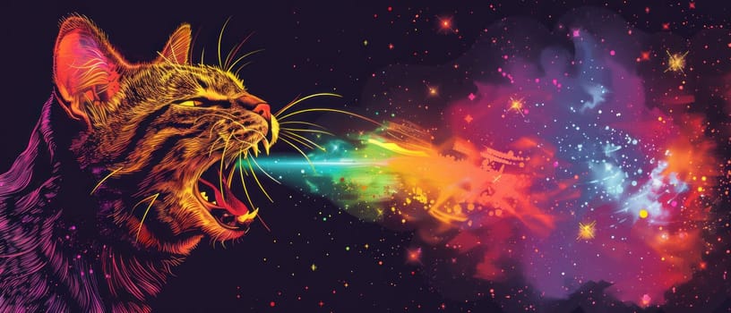A cat is blowing a rainbow of colors out of its mouth.