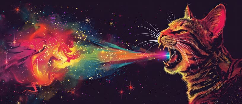 A cat is blowing a rainbow of colors out of its mouth.