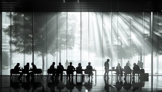 A group of people are sitting at a table in a room with a lot of windows by AI generated image.