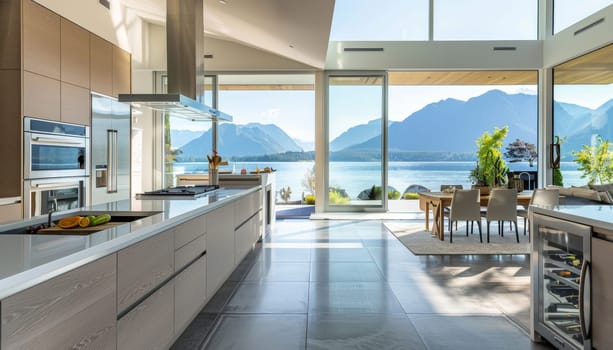 A large open kitchen with a view of the mountains and a lake by AI generated image.