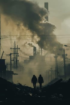 Two people walking in a city with a lot of smoke in the air by AI generated image.