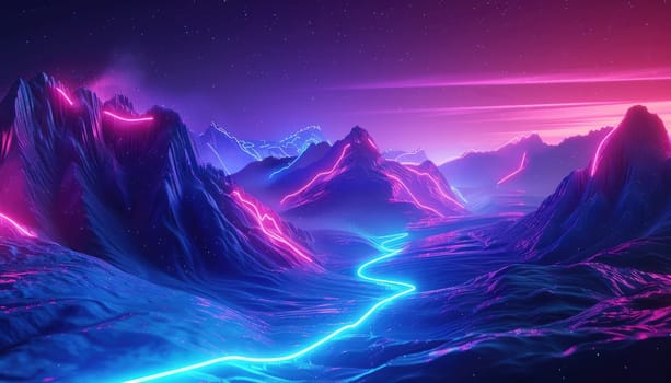 A mountain range with a neon blue river running through it by AI generated image.