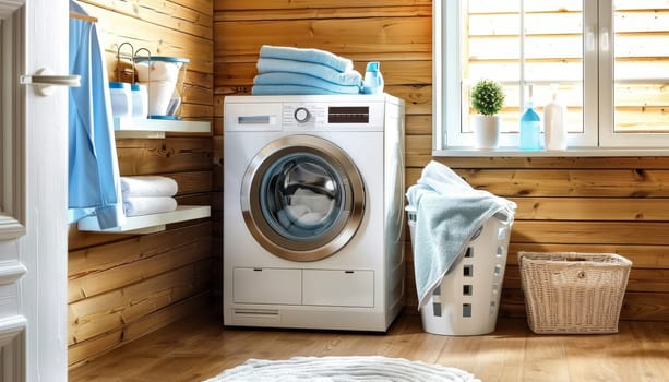 A white washing machine sits in a room with a wooden floor by AI generated image.