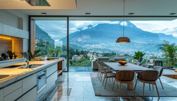 A large, open kitchen with a view of mountains by AI generated image.