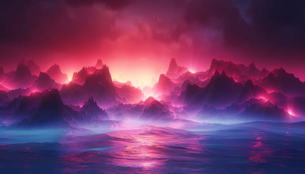 A colorful, glowing landscape with mountains and a blue sky by AI generated image.