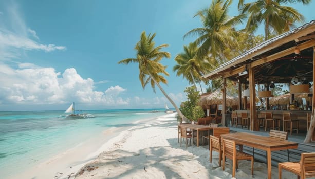 A beach with a wooden deck and tables with chairs by AI generated image.