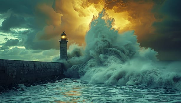 A lighthouse is shown in the foreground of a stormy ocean by AI generated image.