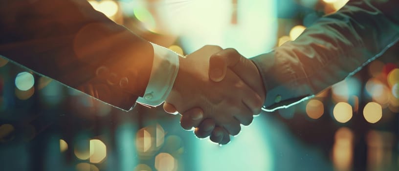 Two people shaking hands in a suit and tie by AI generated image.