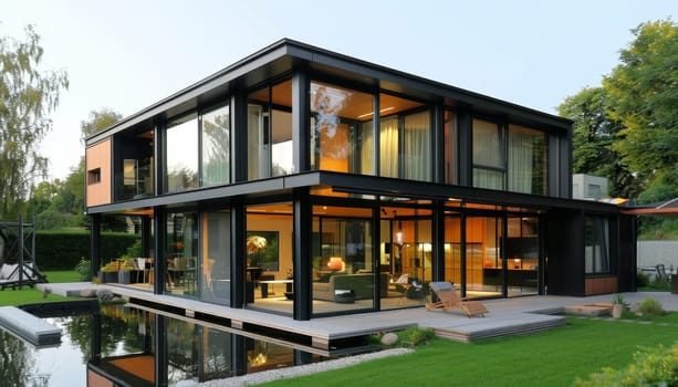 A large, modern house with a lot of glass windows and a black roof by AI generated image.