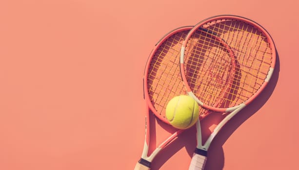 Two tennis rackets and a tennis ball are on a table by AI generated image.