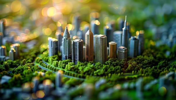 A city is shown in a miniature form, with buildings and trees by AI generated image.