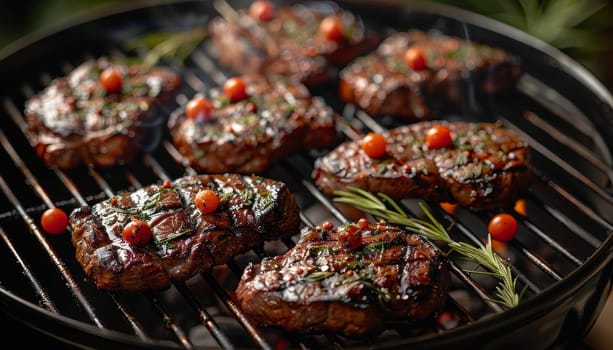 A grill with seven pieces of meat and some herbs on top by AI generated image.