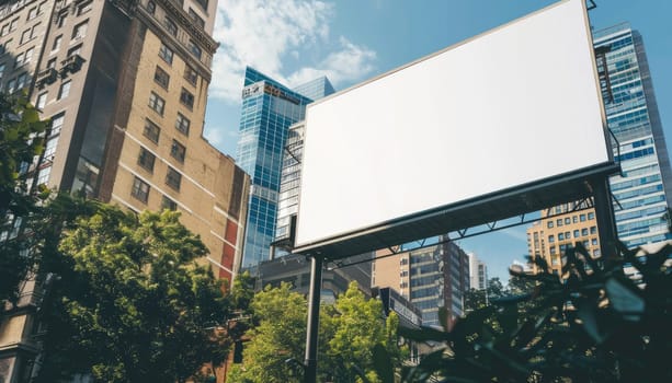 A large billboard with a city skyline in the background by AI generated image.