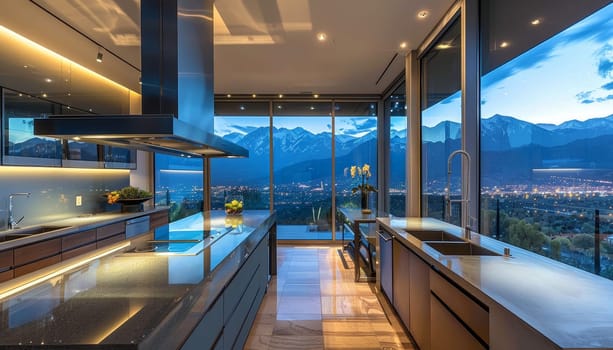 A large kitchen with a view of the mountains by AI generated image.