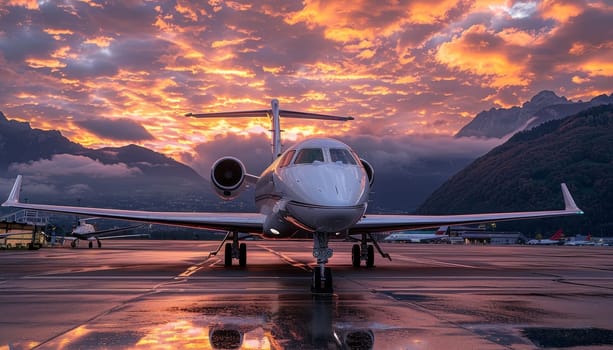 A jet plane is parked on a runway with a beautiful sunset in the background by AI generated image.