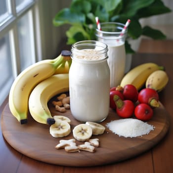 Banana Milkshake Decorated with Fruits and Nuts Portions Around on Dark Wooden Table. Banana Smoothie with Bendy Straws in Jar.