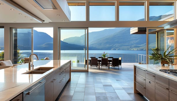 A large open kitchen with a view of the mountains and a lake by AI generated image.