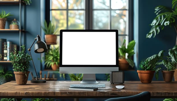 A computer monitor sits on a desk in front of a window by AI generated image.