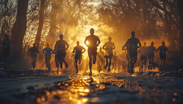 A group of runners are running in a forest with the sun shining on them by AI generated image.