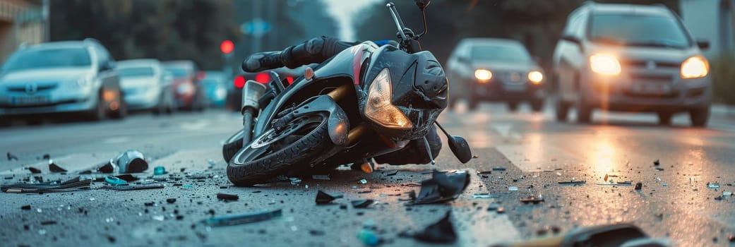 A motorcycle is laying on the road next to a car by AI generated image.