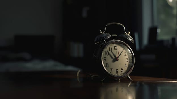 Close-up of alarm clock against black background, An alarm clock on a table surrounded by darkness.