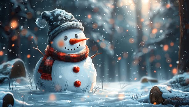 A snowman with a hat and scarf is sitting in the snow by AI generated image.